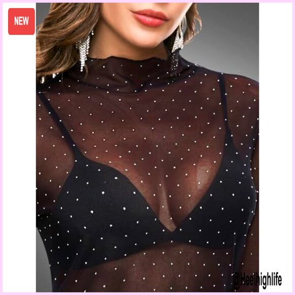 Sheer Mesh Long Sleeve Layering Top Mock Neck Sparkle Tee - Picture 3 of 7